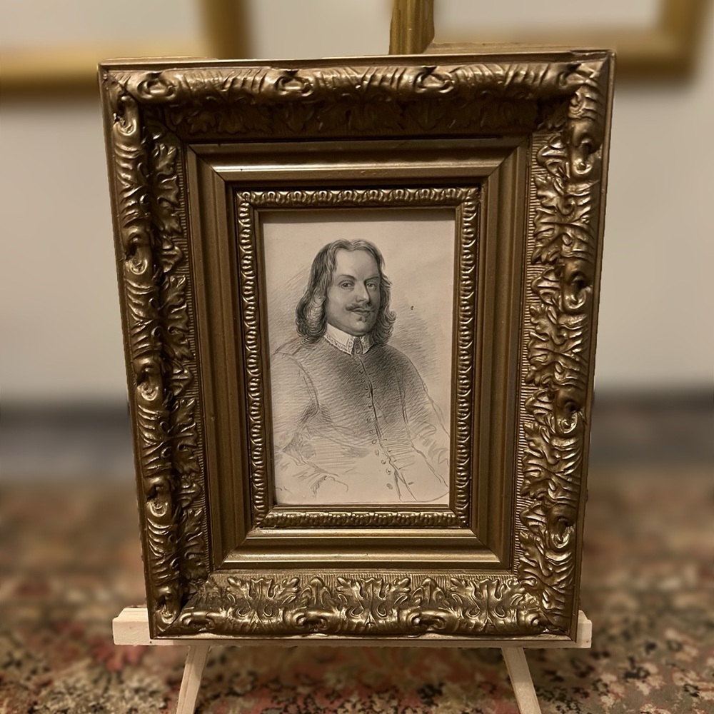 Vintage ornate wooden picture frame w/ antique etching art illustration  1800s